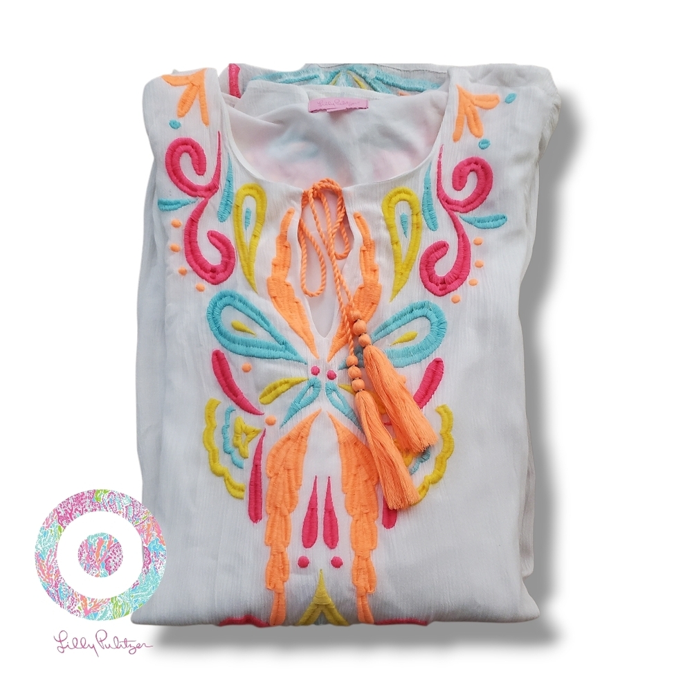 Lilly Pulitzer Ellie Tunic Dress "Resort White Too Much Bubbly" Neon Embroidery - Picture 11 of 16